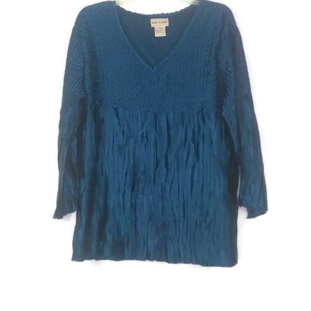 Toffee Apple Satin Textured Pleated Teal Blue Blouse
